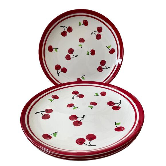 Terramoto CHERRY Ceramic Dinner Plates 10.5in Red & White Set of 4 NEW - Picture 2 of 12